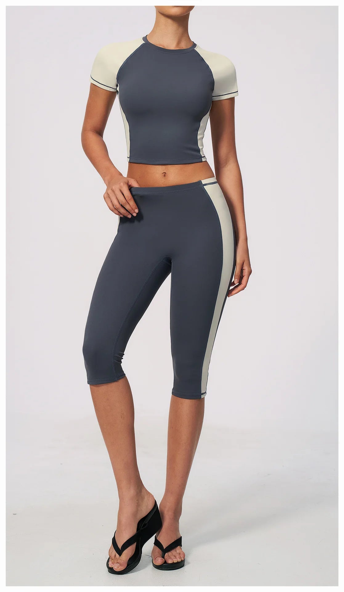 Color Blocking 2PCS Yoga Set Women's Tracksuit Short Sleeve O Neck Sports T Shirts High Waist Cropped Pants Tight Fitness Suits