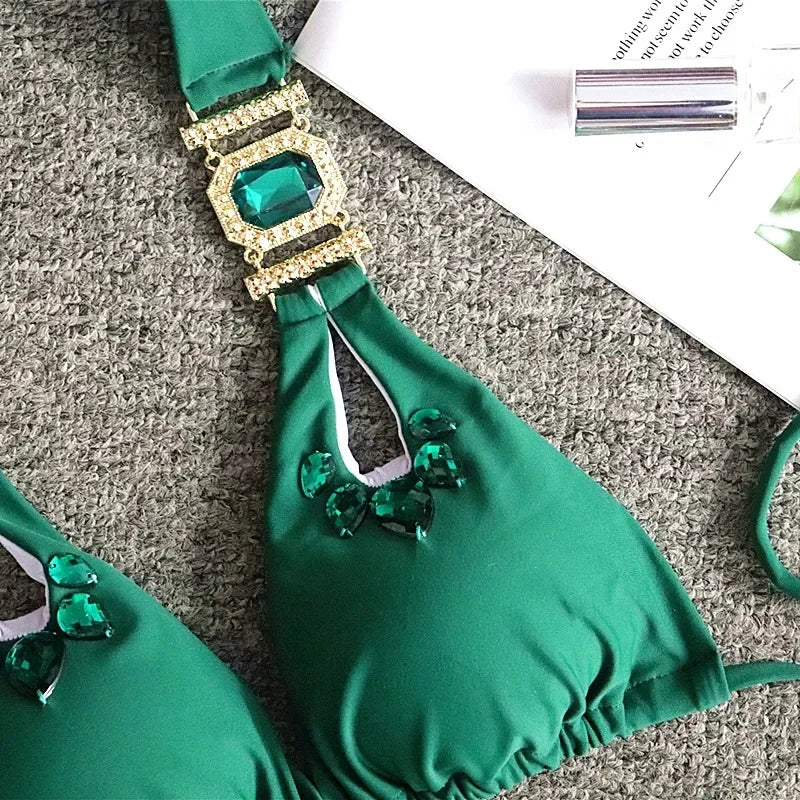 Sexy Rhinestones Thong Bikini Women Green Push Up Glitter Diamond Band 3 Piece Swimsuit Chain Metal Bathing Suit Luxury Swimwear