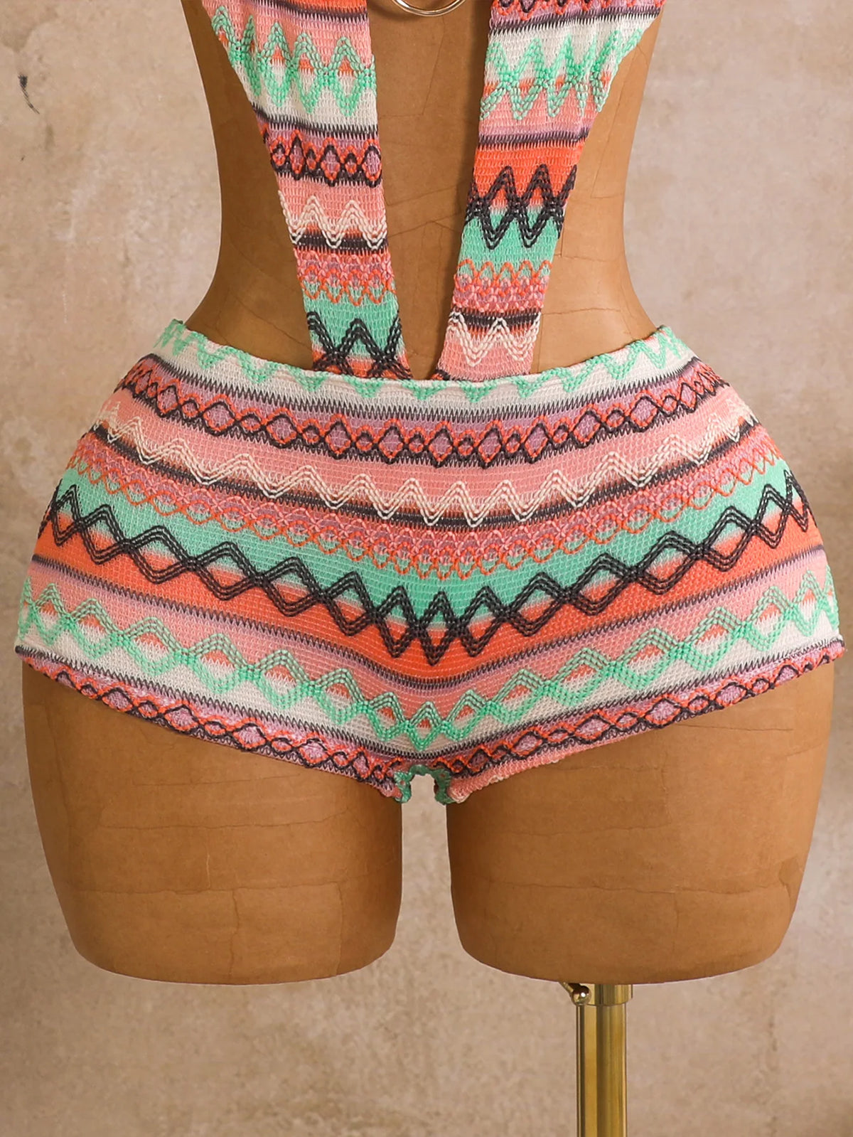 Sexy Hot Pink Knitted Striped Swimsuit 2026 Women Metal Circle Patchwork Hollow Backless Beach Bathing Suit One Piece Swimwear