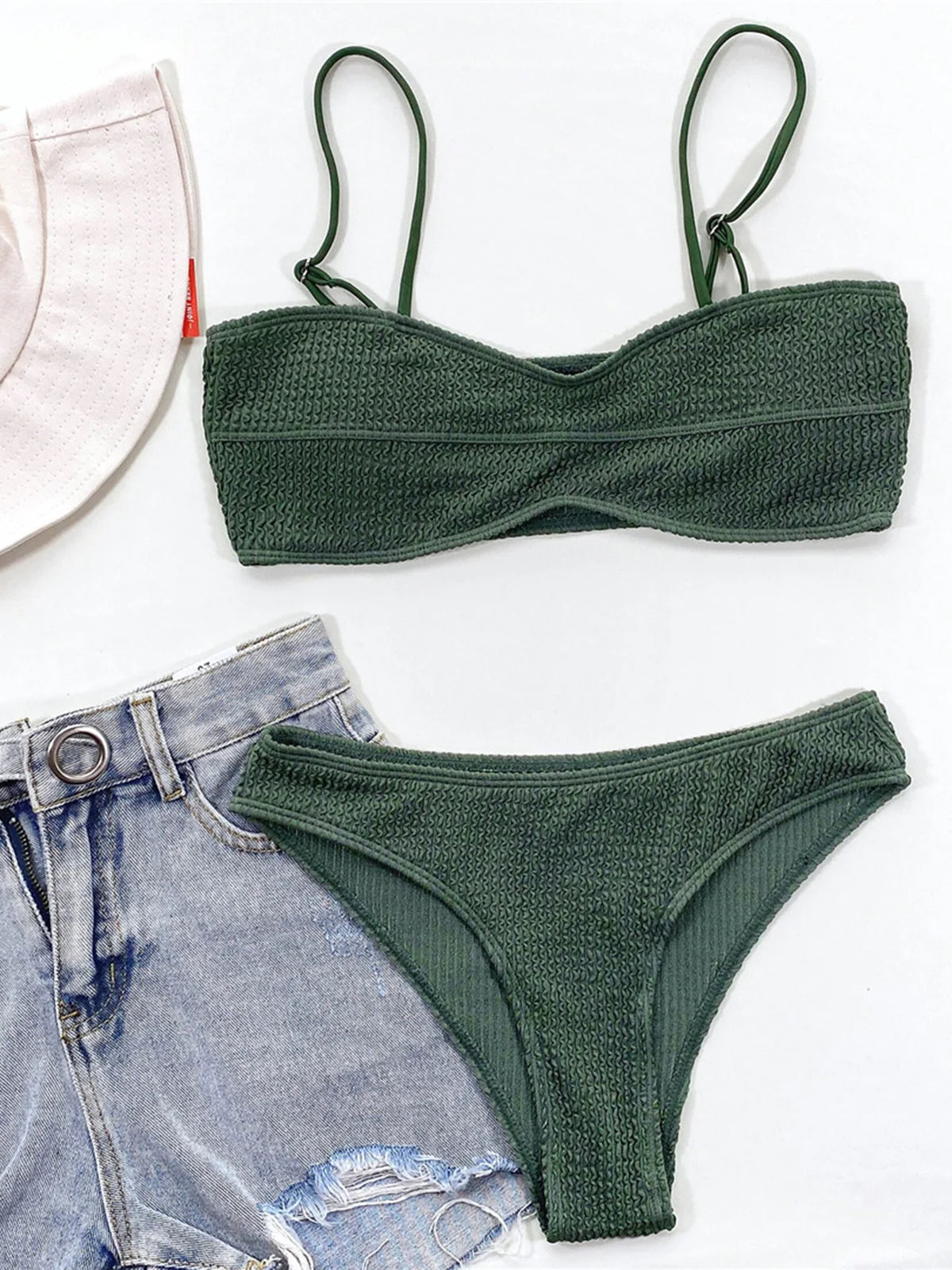 New Sexy Wrinkled Mid Waist PaddedBikini Women Swimwear Female Swimsuit Two-Pieces Bikini Set Bather Bathing Suit Swim V3163