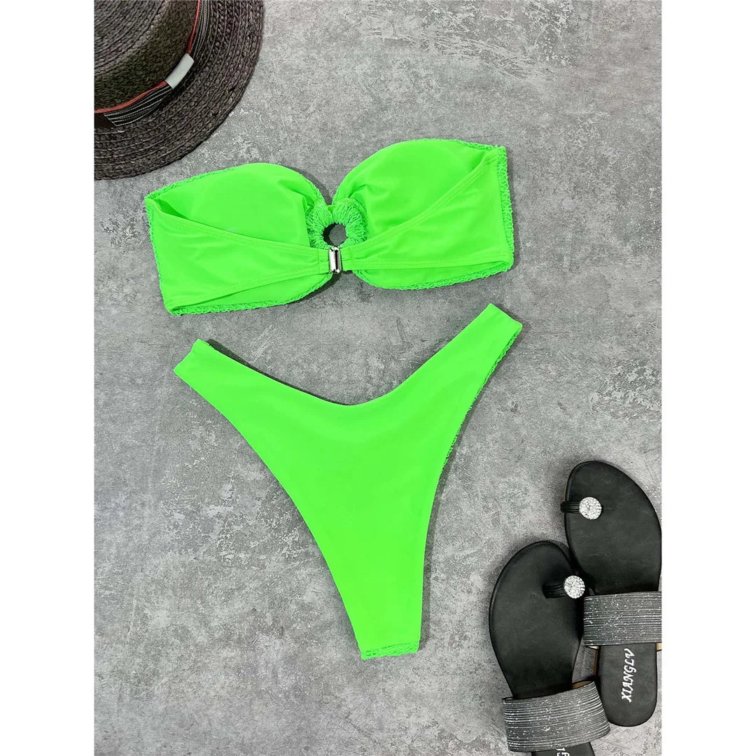 Wrinkled Bandeau High Cut Bikini Women Swimwear Female Swimsuit Two-Pieces Bikini Set Strapless Bather Bathing Suit Swim V3367