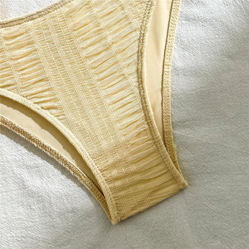 Yellow Micro Thong 3 Piece Bikini Set Damen Mesh Cover Up String Halter Swimwear Sexy Swimsuit Women 2025 Bathing Suit Bikinis