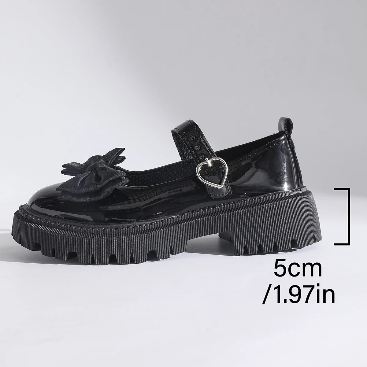 Women Bow Mary Janes Faux Patent Leather Heart‑Buckle Lug‑Sole Round‑Toe Sweet Preppy JK Platform Casual Daily Shoes