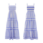Women's Striped Print Dress Sleeveless Spaghetti Strap Square Neck Tiered Long Dress for Holiday Casual Boho Sundress