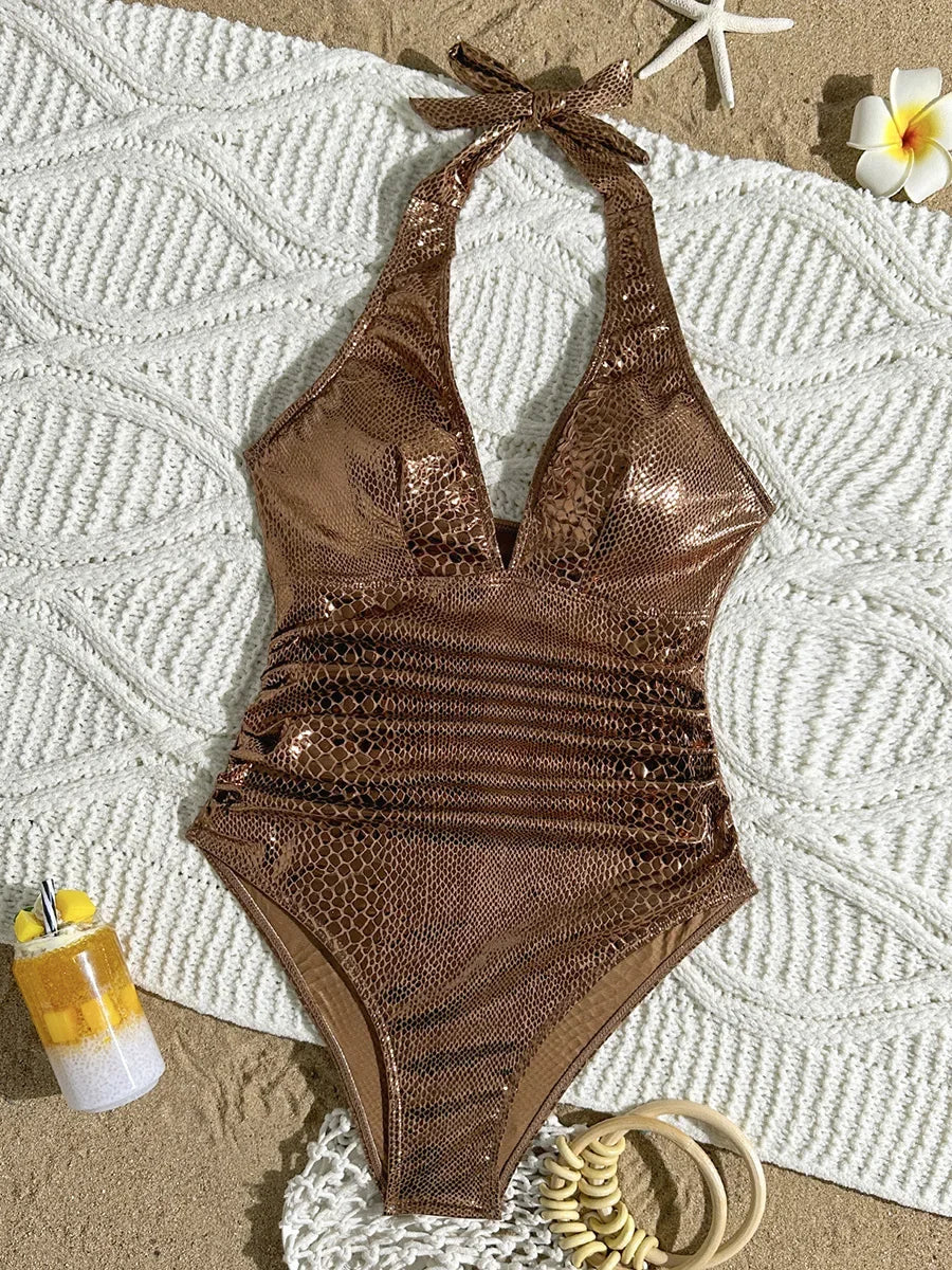 SnakeSkin Halter V Neck Backless One Piece Swimsuit Women Monokini Female Swimwear High Cut Bathing Suit Swim Bodysuit Beachwear