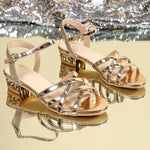 Elegant Golden Ankle Strap Sandals Women 2025 Open Toe Med Heels Summer Party Shoes Ladies Plus Size 35-43 Cross Band Sandalias