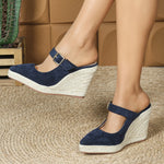 2025 Women's Sandals Spring Pointed Toe Wedge Heel Shoes Thick Soled High Heel Hollow Women's Shoes Straw Hemp