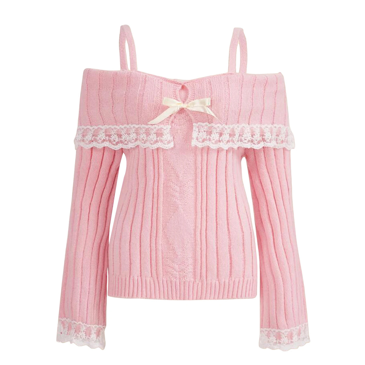 Women Long Sleeve Contrast Lace Knit Pullovers Autumn Winter Cold Shoulder Sweaters Bow Front Jumper Tops Beige/Pink