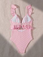 DEKA Girl Light Pink One Piece Swimsuit for Women High Waist Hollow Out Ruffle Suspender Backless Monokini Bikini Beach Swimwear