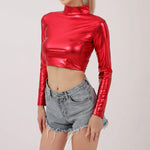 Women Metallic Long Sleeve Crop Tops Shiny Stretch Mock Neck T Shirt Dance Clubwear Ladies Slim Fit Blouses Gold Silver Costumes