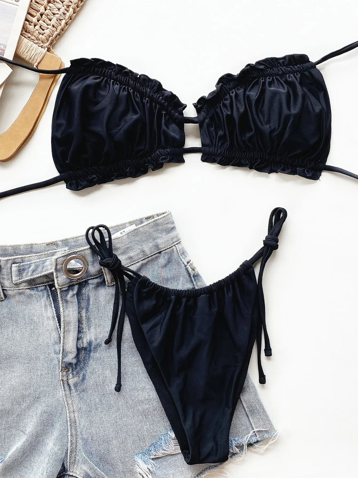 Pleated Swimsuit Women Hollow Out Bandage Ruffles Push Up Triangle Bikini Brazilian Black Green Bathing Suit Micro Swimwear 2025