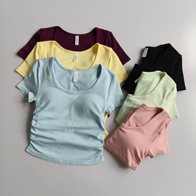 Big round Neck Yoga T-Shirt Short-Sleeved Slimming Sports Top with Fixed Chest Cushion for Running Pilates Summer Stretch