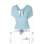 FDYOUI Chic Deep V-neck Bandage Crop Tops Women 2026 Summer Sexy Backless Solid Corset Ladies Lace-up Tunics T-shirt Streetwear