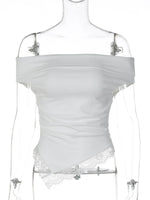FDYOUI Woman Clothing Slash Neck T-shirts 2026 Summer Sleeveless Lace Patchwork White T Shirt Y2K Girls Irregular Corset Tee Top