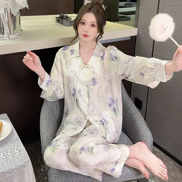 Spring and summer new Chinese style pajamas, ice silk long sleeves, large size home clothes set, retro buckle home clothes