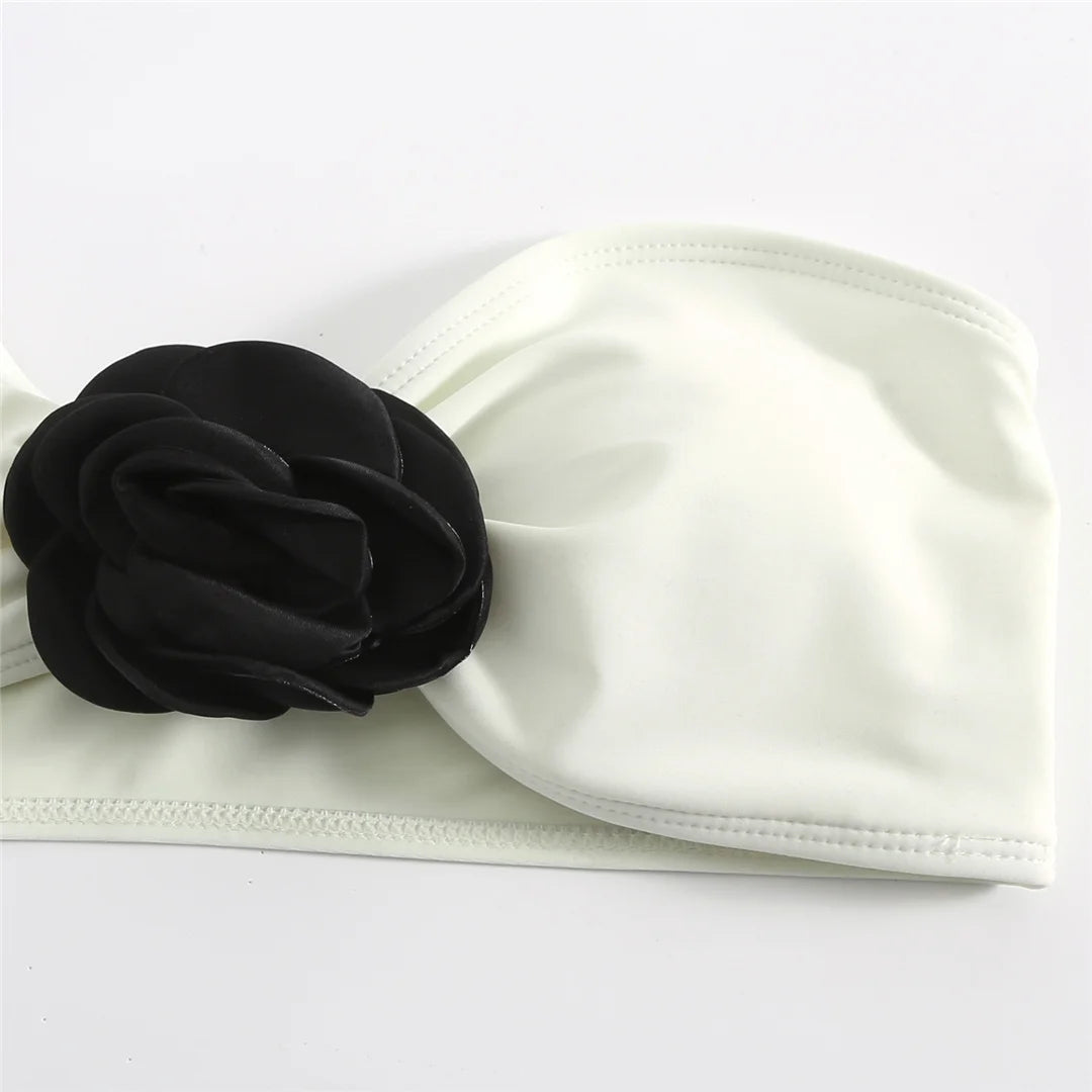 Sexy 3D Flowers Bandeau With Skirt Bikini Female Swimsuit Women Swimwear Three-Pieces Bikini Set Bather Bathing Suit Swim V5706