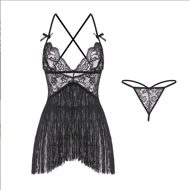 Sexy Women Night Dress Sleeveless Backless Porno Pajamas Floral Lace Erotic Nightwears+Thongs Sexy Short Transparent Dresses