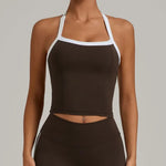 Women's Seamless Yoga Tank Top - Adjustable HALTER Neck & Quick-Dry Fitness Shirt Color Block Running Sports Gym Workout Top