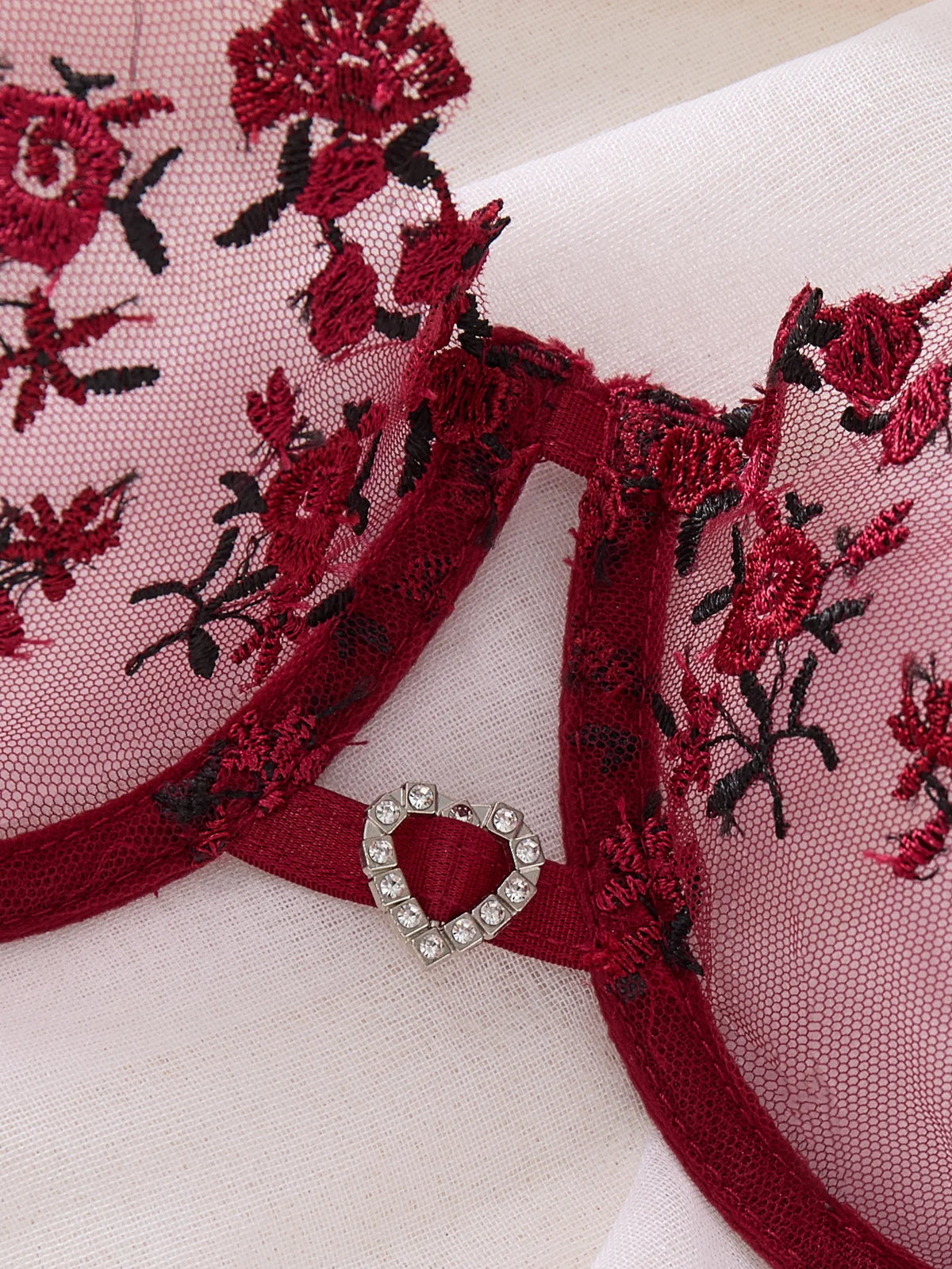 Romantic wine red rose embroidery lingerie set - see-through netting bra - casual erotic women's lingerie ZA824026
