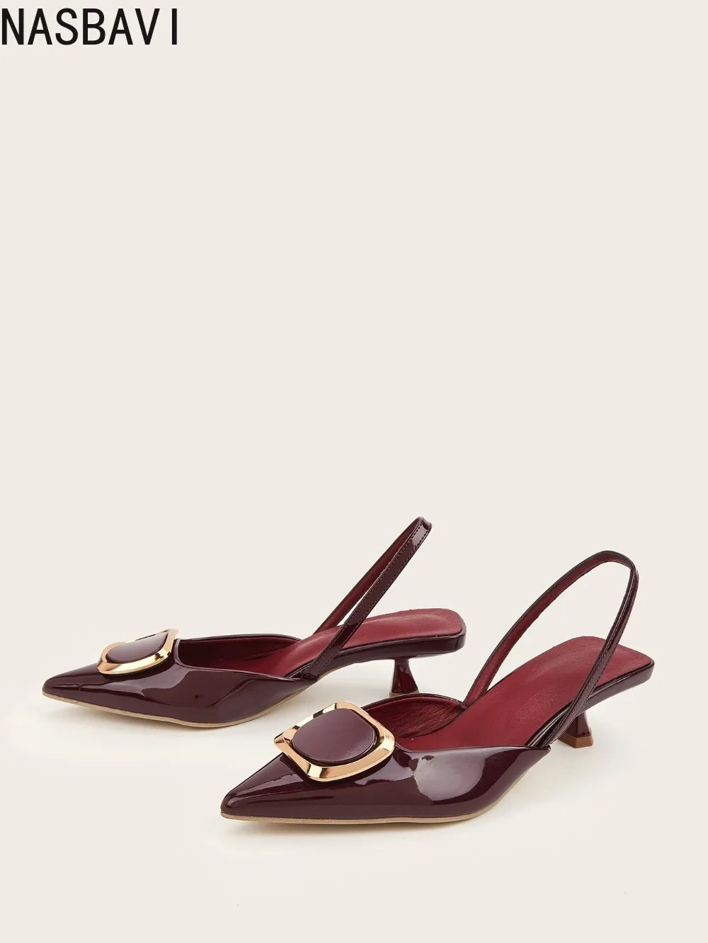 Large Size 35-43 Pointy Toe Burgundy Kitten Heels Slingback Women Summer Pumps Elegant Square Buckle Sandal OL Office Lady Shoes