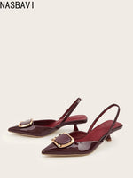 Large Size 35-43 Pointy Toe Burgundy Kitten Heels Slingback Women Summer Pumps Elegant Square Buckle Sandal OL Office Lady Shoes
