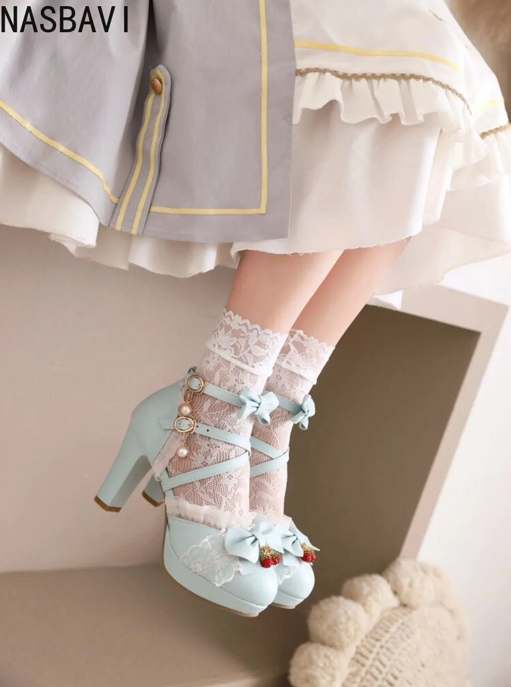 Blue White Ankle Sandals Girls Lace Strap Ankle Women High Heels Mary Janes Pumps Party Wedding Dress Bow Princess Lolita Shoes