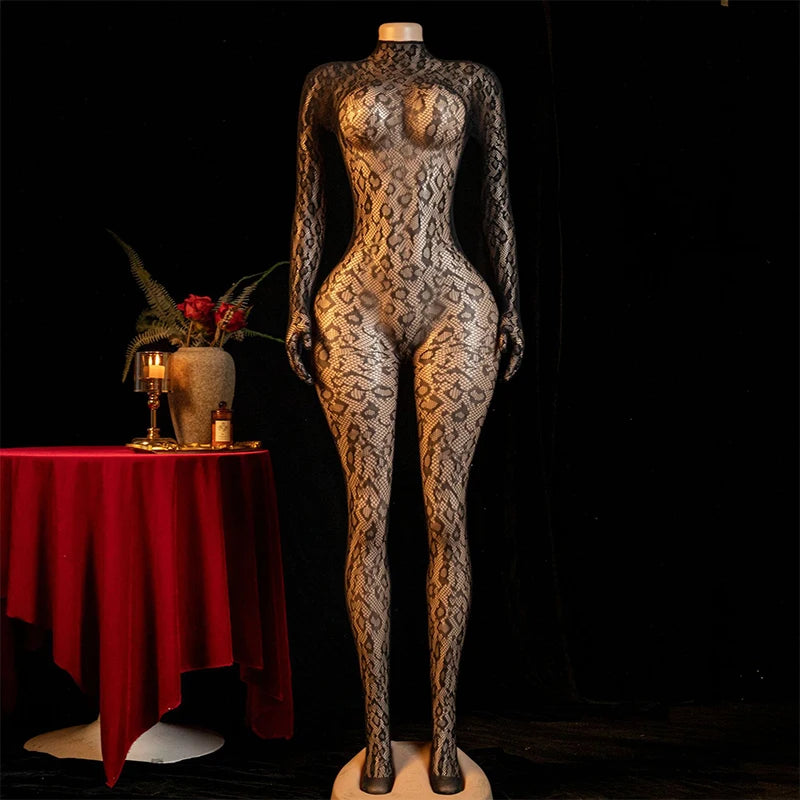 Hot Sexy Lingerie Erotic Crotchless Women Mesh Hollow Bodystockings Full Sleeve LeopardSling Hanging Neck Underwear Body Suits