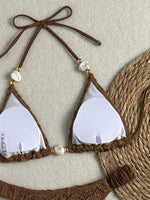 Sexy Beige Black Micro Bikini Set 2026 Women Pearls Strap Push Up Bra Pleate Thong Swimsuit Beach Bathing Suit Holiday Swimwear