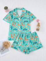 Women Halloween Print Pajama Set Turn‑down Collar Short Sleeve Button Down Shirt + Shorts Sleepwear Ladies Home Loungewear Suit