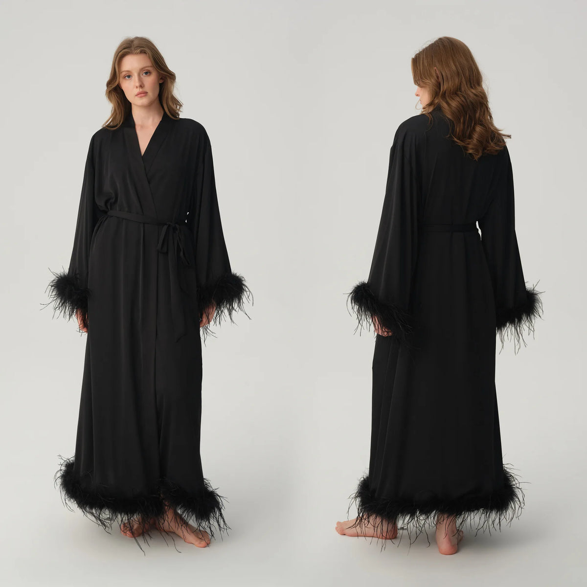 Satin Feather Trim Bridal Morning Gown for Women Long Sleeve Belted Maxi Robe Elegant Soft Home Bathrobe Sleepwear Loungewear