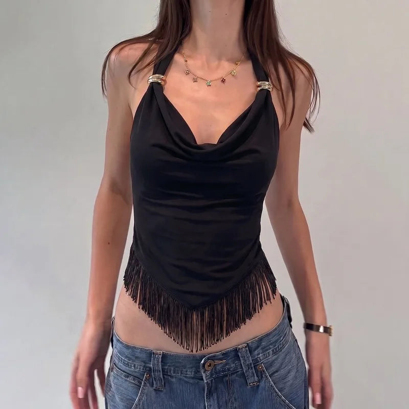 FDYOUI Sexy Swinging Collar Tassels Tank Tops Women's Halter Bandage Backless Camisoles Female Summer Slim Corset Top Streetwear