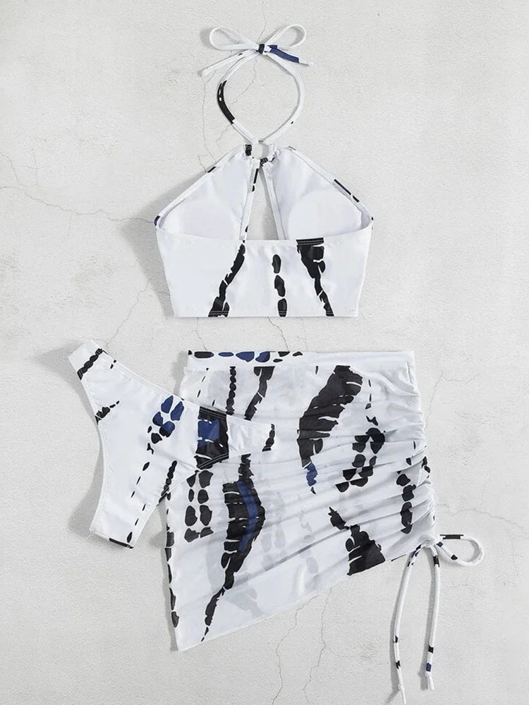 3PCS With Mesh Skirt Halter Bikini Female Swimsuit Women Swimwear Three-pieces Bikini Set Hollow Out Bathing Suit Swim Beachwear