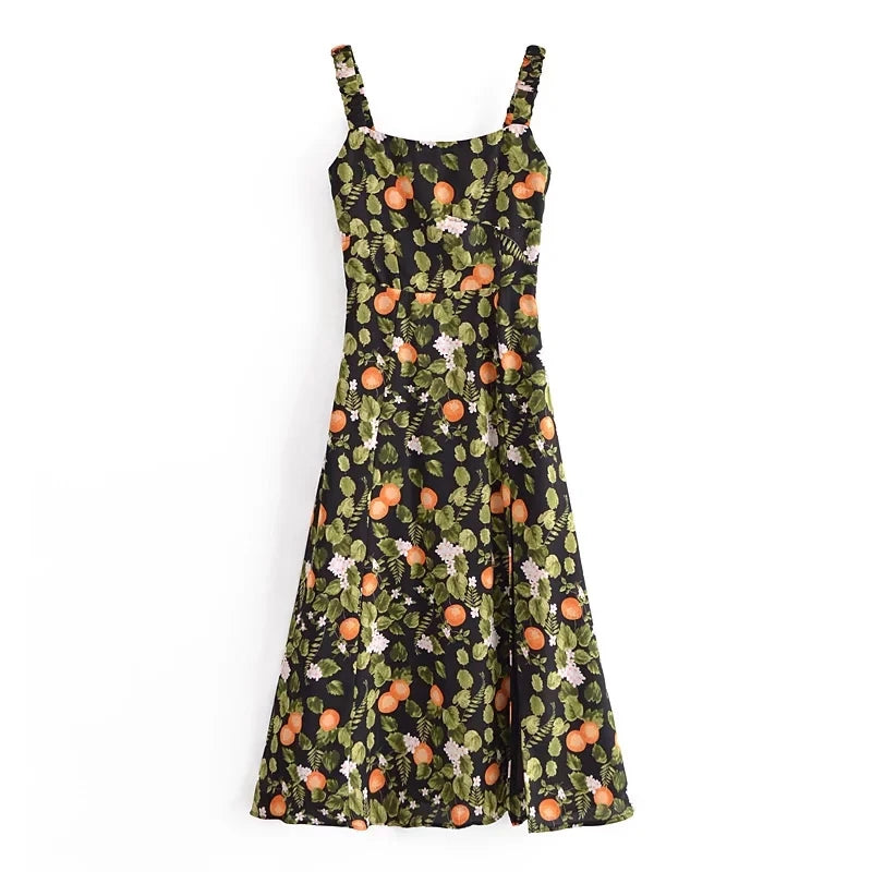 French Style Vintage Lemon Leaf Printed Green Dress Sexy Slip Midi Sleeveless Tank Dress Chiffon Women Holiday Elegant Dress