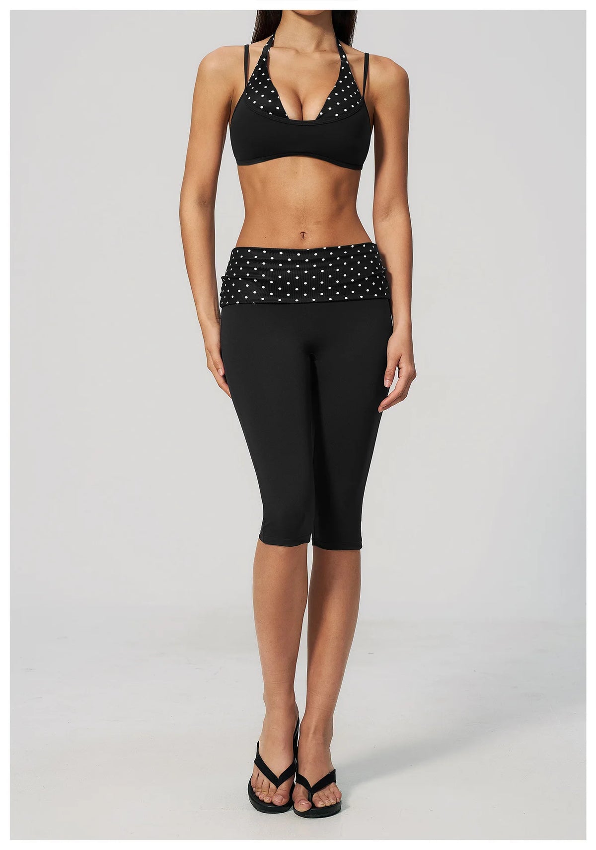 Summer Polka Dot Yoga Sets Women Hanging Neck Shockproof Sports Bra Fitness Suit Folding High Waist Mid Pants Gym Tracksuit