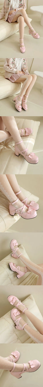 Plus Size 48 Women's Sweet Lolita Mary Jane Heels Pumps Heart Buckle Cross Ankle Strap Bow Platform 5.5cm Block Heel Goth Shoes