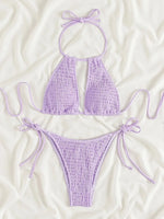 2025 Halter Tie Side Hollow Out Smocked Bikini Women Swimsuit Female Swimwear Two Pieces Bikini Set Swim Bathing Suit Beach Wear