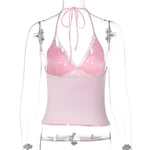 FDYOUI Casual Sexy Halter Neck Lace Patchwork Pink Camisoles Women Bandage Backless Corset T-shirt Y2K Streetwear Cropped Tops