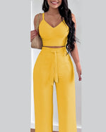 Women's Two Piece Sets Fashion Print Halter V-Neck Short Tank Suit Tops Long Pants Matching Set Summer Casual Female Slim Pants