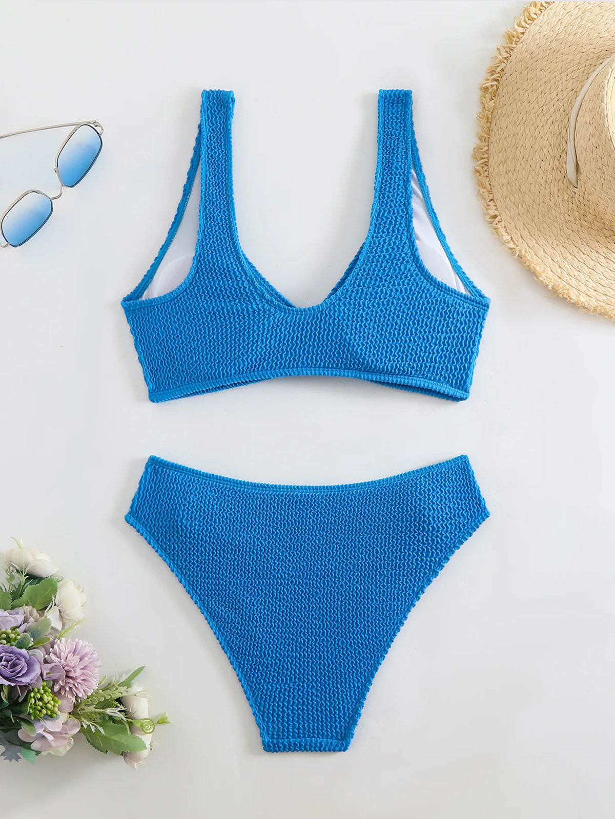 2026 Summer New Women's 2 Piece Swimsuit Solid Color High Waist Bikini Set V-neck Backless Beach Vacation Bathing Suit Swimwear