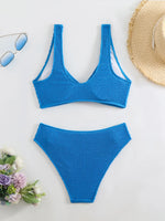 2026 Summer New Women's 2 Piece Swimsuit Solid Color High Waist Bikini Set V-neck Backless Beach Vacation Bathing Suit Swimwear