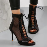 EUR Size 43 Sexy High Heels Dance Shoes Black Lace-up Thin Heeled Stiletto Ankle Boots Silver Peep Toe Summer Boots Party Shoes