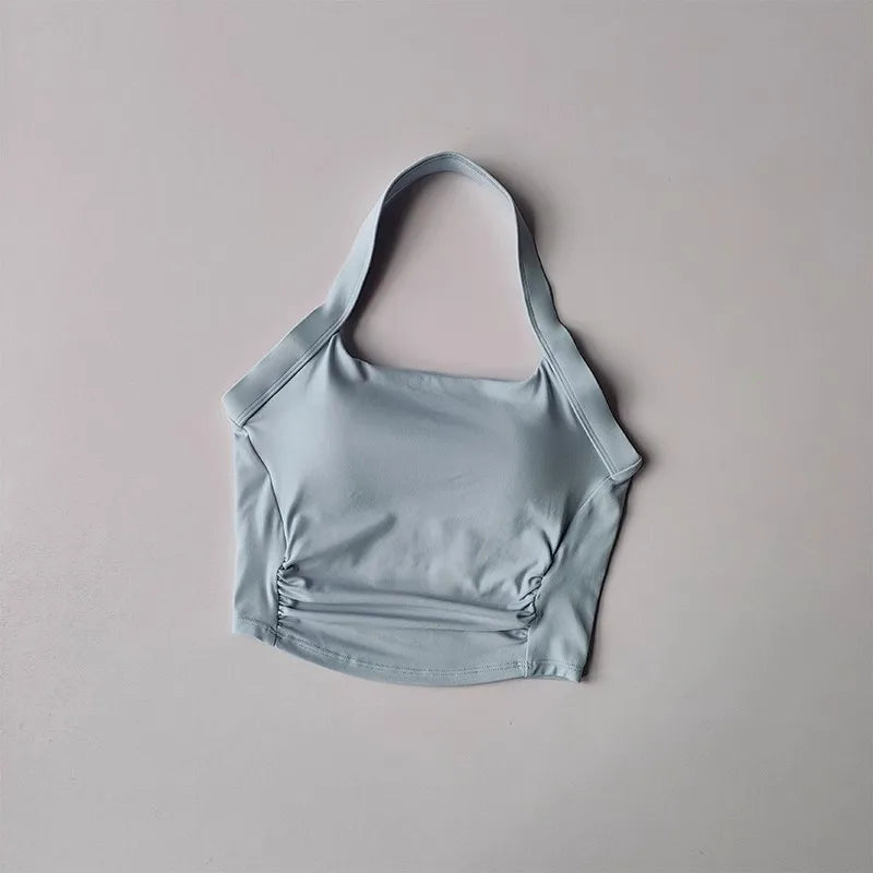 Women's Shock-Absorbing Yoga Sports Bra Neck Hanging Pleated Design Fitness Training Pilates Outdoor Vest Gathered Comfortable