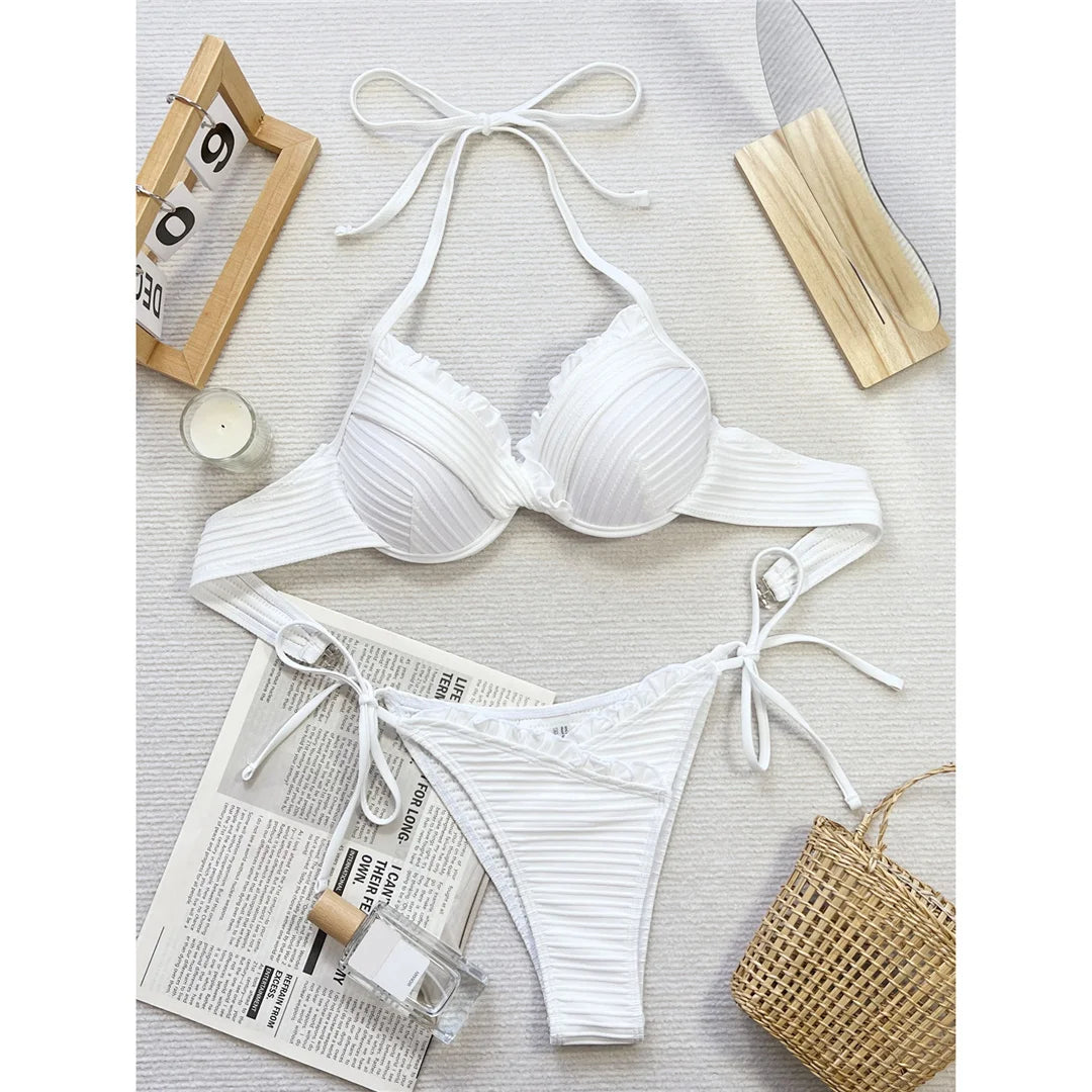 New Halter Frilled Underwired Bra Cup Bikini Women Swimwear Two-Pieces Bikini Set Female Swimsuit Bather Bathing Suit Swim V5837
