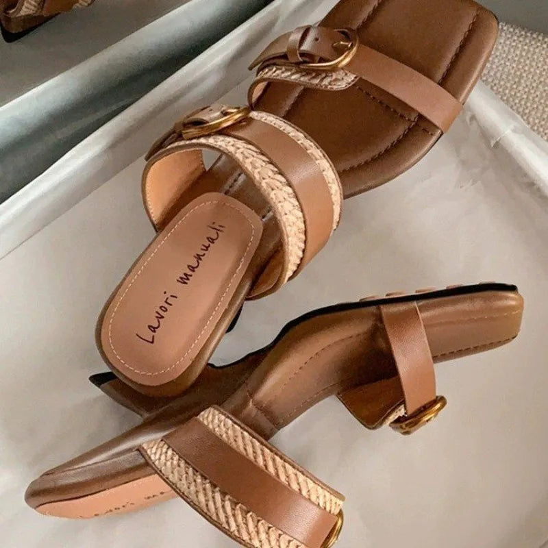 Vintage Braided Belt Buckle Open Toe Wedges Women's Summer New Square-toed High-heeled Slippers