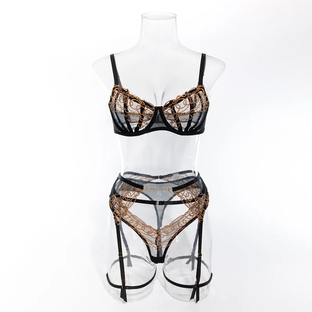 Toucheart4PCS Lace Golden Embroidery Sexy Underwear Set Slim Exposed Navel See-through Hollow Out Interesting Steelring Bralette