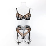 Toucheart4PCS Lace Golden Embroidery Sexy Underwear Set Slim Exposed Navel See-through Hollow Out Interesting Steelring Bralette