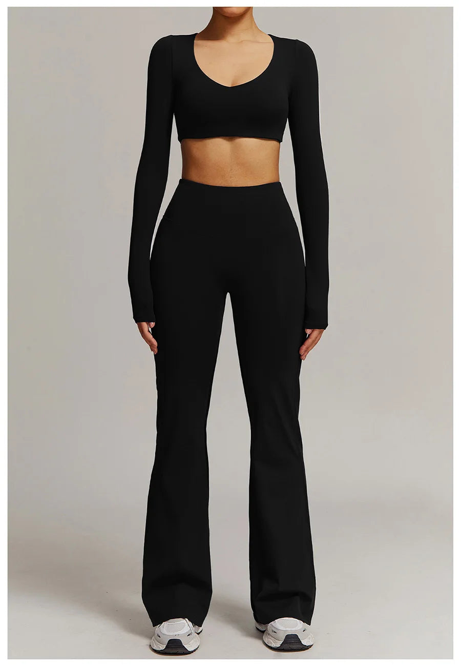 Women 2PCS Yoga Suit Sports Gym Set Tracksuit Workout Long Sleeve Shirt Fitness Flared leggings Short sleeve shorts running suit