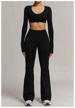 Women 2PCS Yoga Suit Sports Gym Set Tracksuit Workout Long Sleeve Shirt Fitness Flared leggings Short sleeve shorts running suit