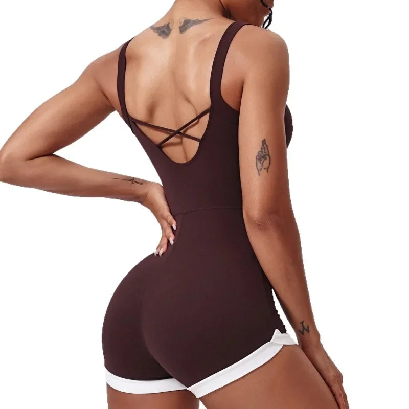 Women's Seamless Yoga Jumpsuit - Quick-Dry Color Block Naked Feel Bodysuit & Cut-Out Backless Straps for Running Fitness Workout