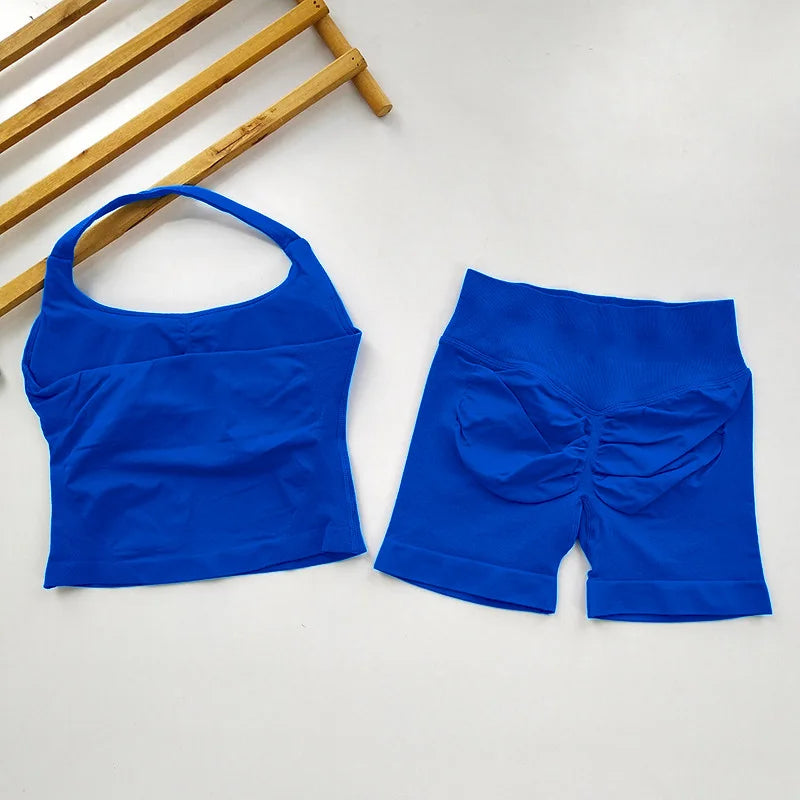 Yoga 2 Pieces Gym Set Women Backless Halter Tops High Waist Seamless Shorts Gym Suit Fitness Sports Bras Sportswear Workout Sets